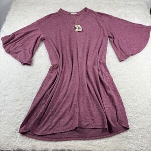 Easel Tunic Dress Women L Purple Bell Sleeve Split Neck Heathered ED15713